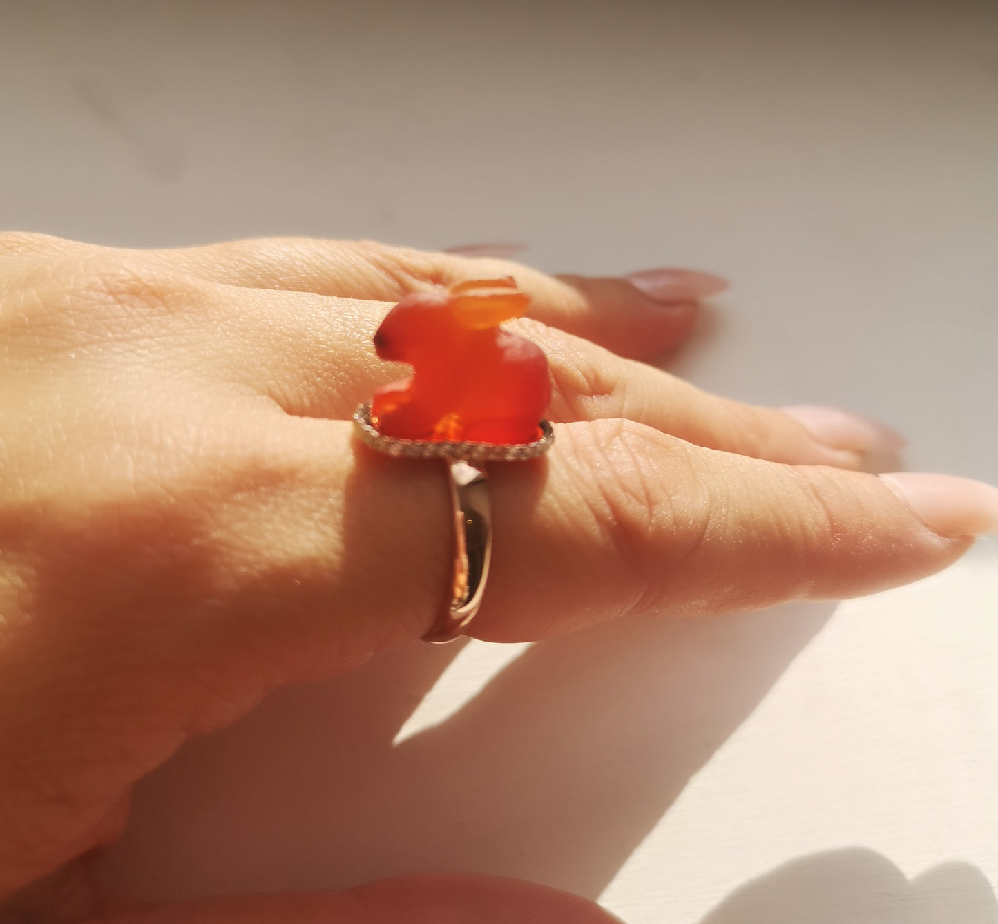 Handmade Engraved Red Agate Rabbit 24K Gold-plated Ring